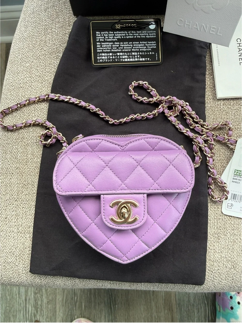 CHANEL Lavender Quilted Heart Crossbody Bag with Gold-Tone Chain